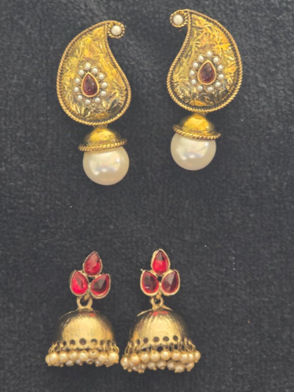 NWOT 2 Pair Gold-Tone Jhumka Earrings Combo Pearl Drop Red Stone Indian Set